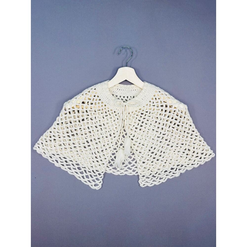Vintage 1960’s Handmade Crocheted Capelet with Tie Neck Cottagecore Cape Poncho